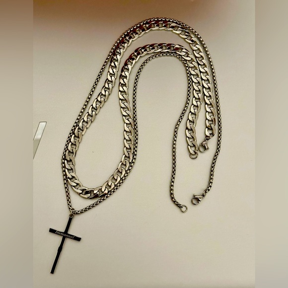 Stainless Steel Cross Necklace Men Women Unisex Religious Christian Layered New - Picture 3 of 10